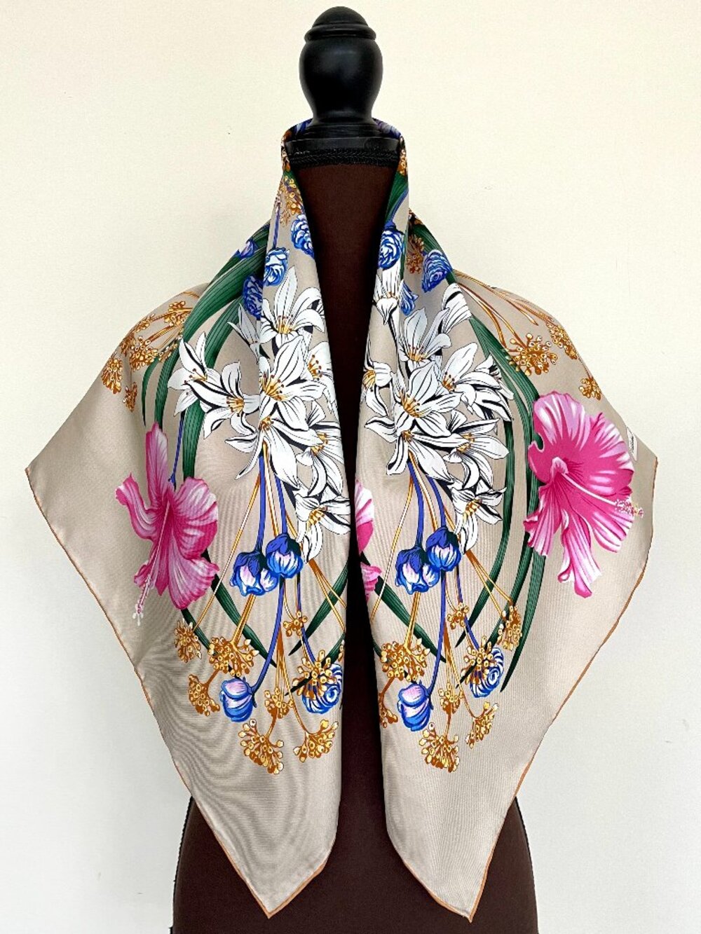 Display #4 Salvatore Ferragamo Pink Floral Silk Scarf with Gold Accents - Picture 3 of 12